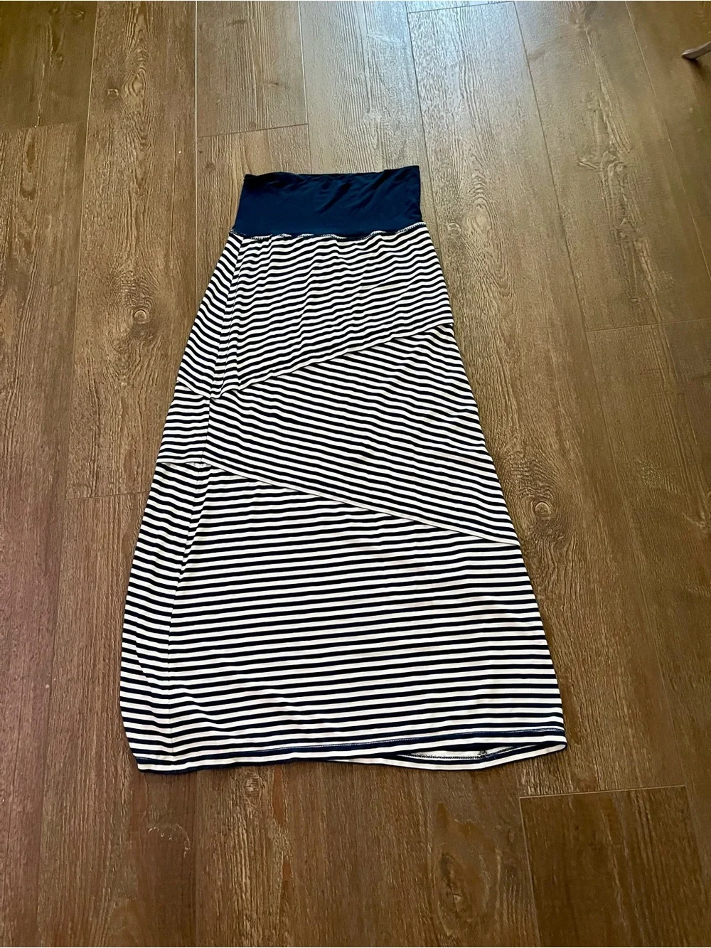 Max Studio Navy and White Striped Fold-Over Waist Maxi Skirt